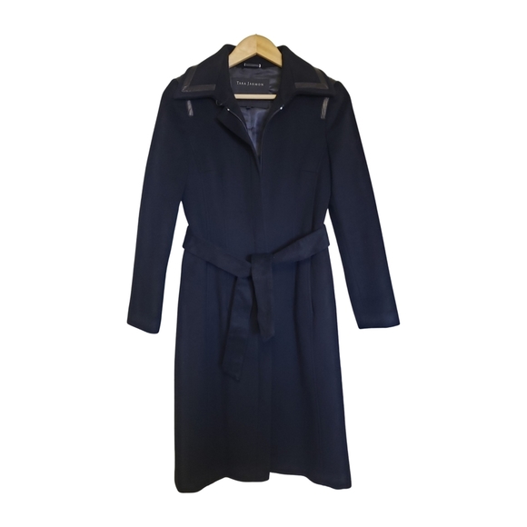 Tara Jarmon 36 Wool/Cashmere* Trench Coat Black Contrasting Faux Leather Trim - Picture 2 of 16